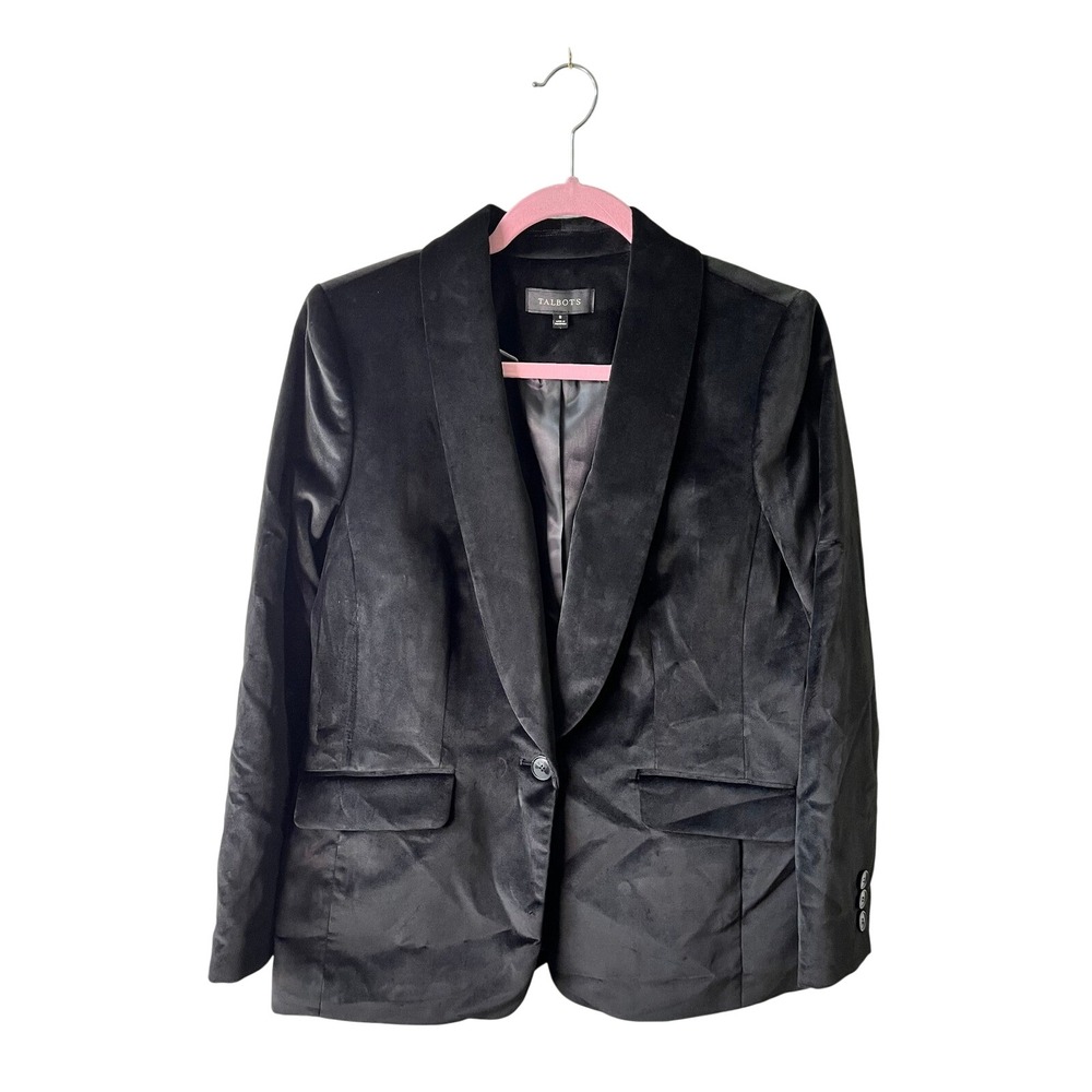Talbots Womens Black Velvet Blazer Shawl Collar Single Button Jacket Size 8